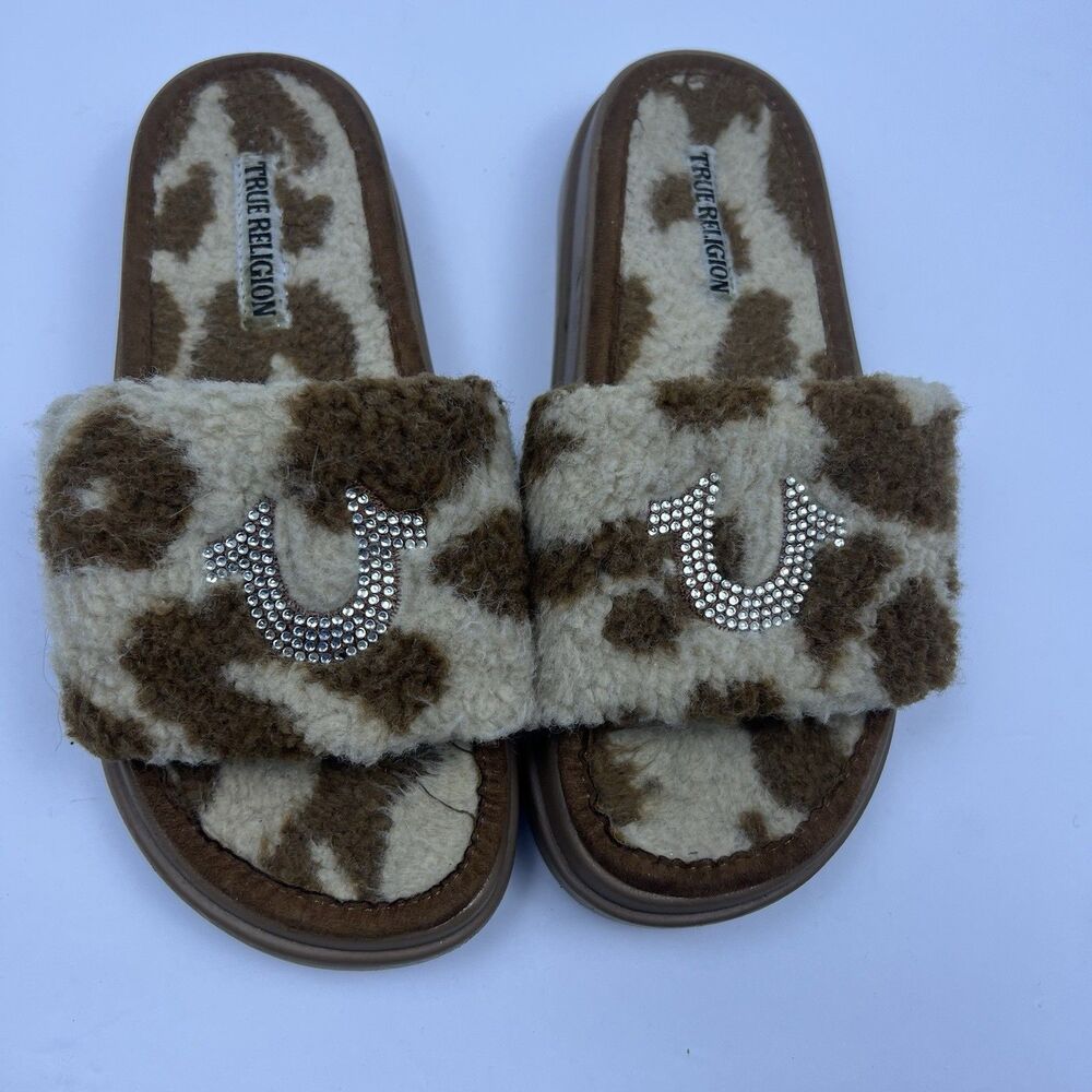 True Religion Women's Lamia Fuzzy Platform Slides Slippers Brown Cow Print Sz 8 - Picture 8 of 10